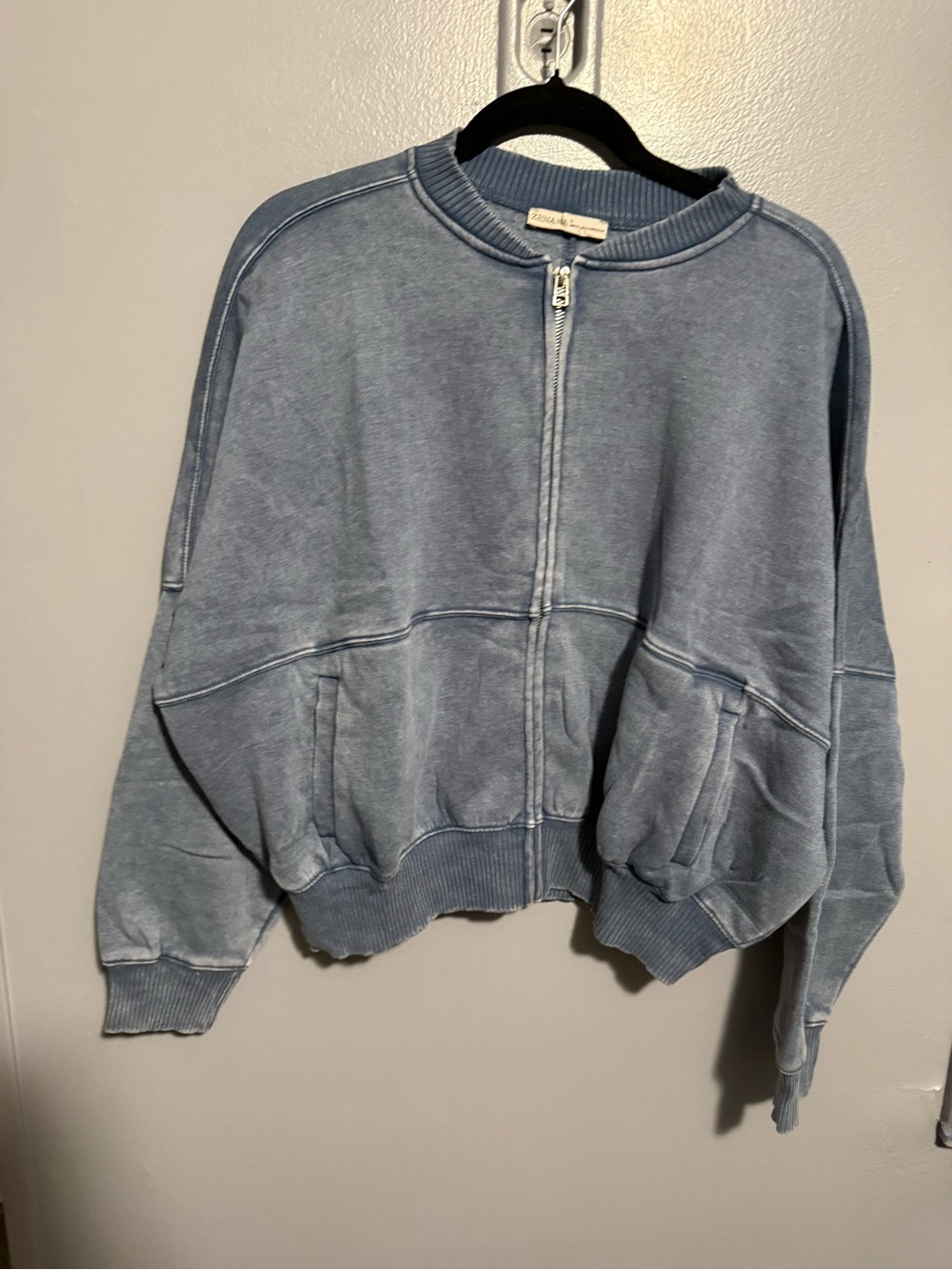 Dusty Blue Acid Washed Zip-Front Fleece Bomber Jacket Large - Picture 2 of 4